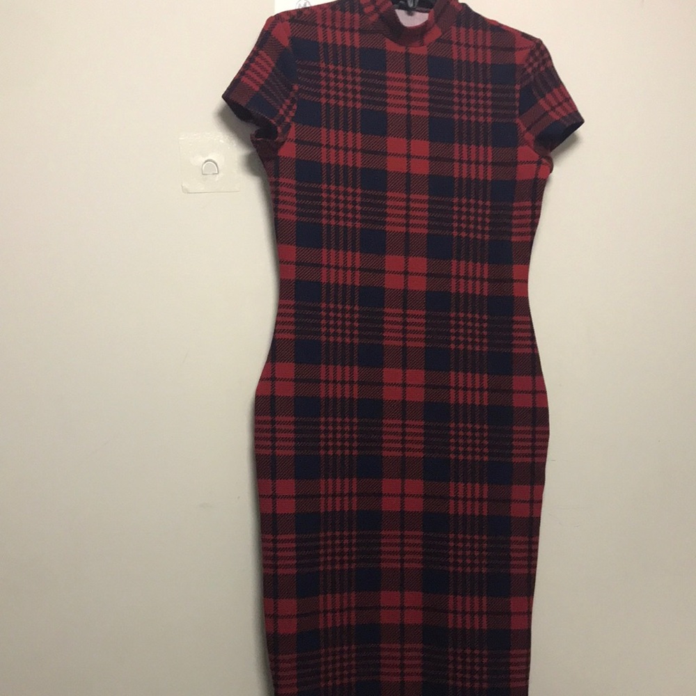 SHEIN buffalo plaid dress; mocked turtle neck; capped sleeves